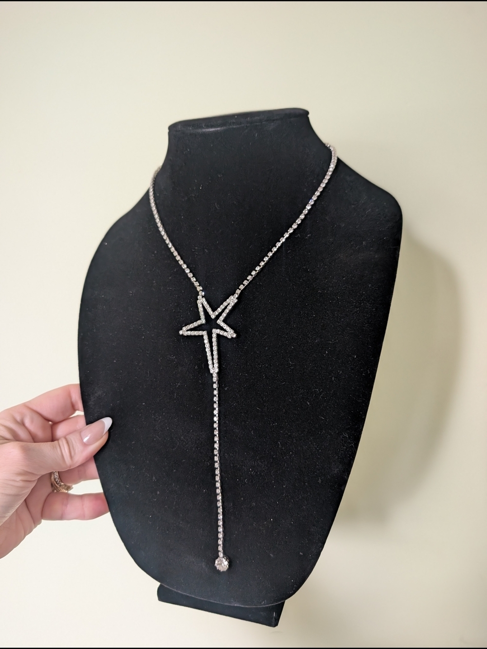 Silver Star Lariat Necklace - Sparkling Rhodium-Plated Y Drop Simon Chang - Picture 2 of 11
